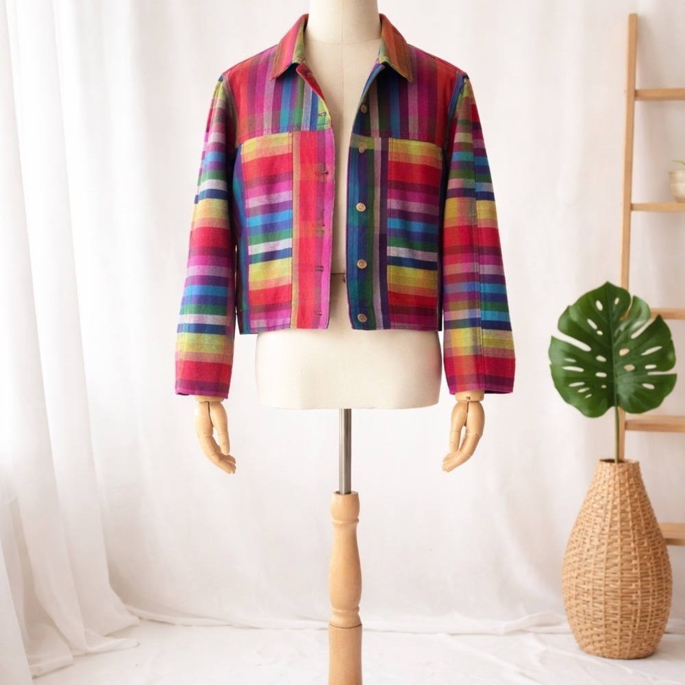 Chicos Design Vintage Rainbow Plaid Cotton Button Front Jacket Womens Size 2